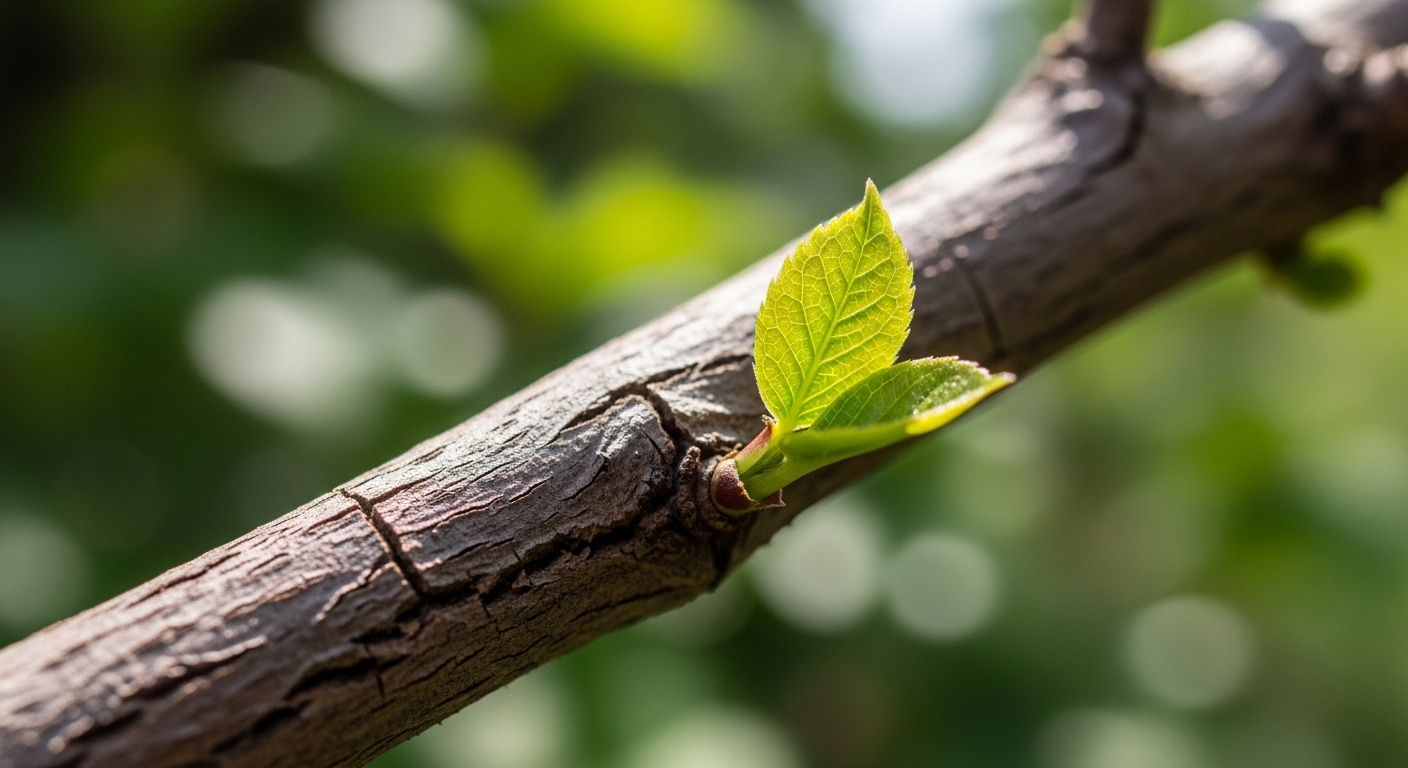 Cận cảnh mầm lá xanh mơn mởn nhú lên từ cành khô, tượng trưng cho sự sinh sôi nảy nở và năng lượng tốt lành cho phong thủy nhà ở.