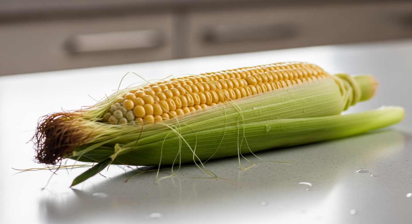 Bắp ngô tươi chuẩn bị luộc ngô, còn vỏ non xanh nhạt và râu tự nhiên, đặt trên mặt bàn bếp sạch.