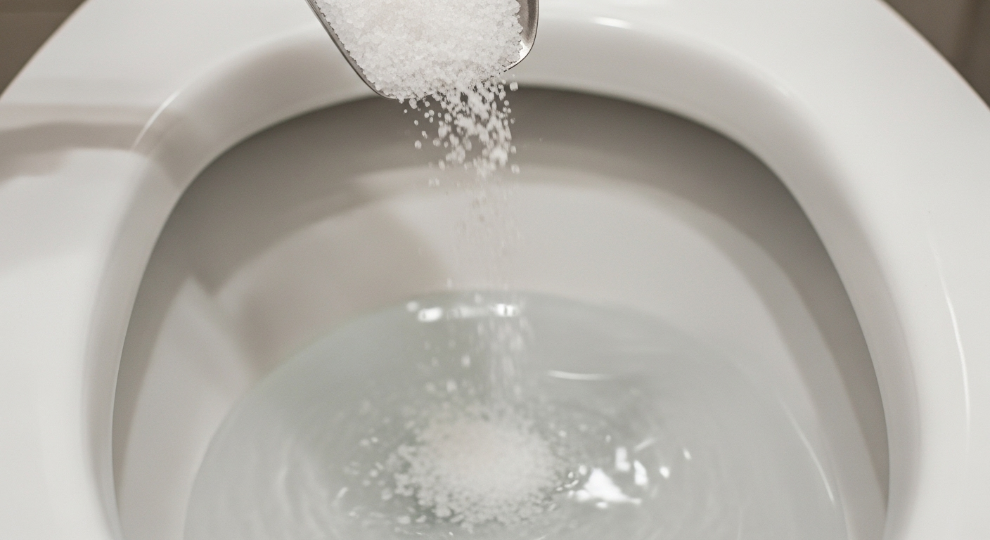 Muối trắng hạt lớn đang được đổ nhẹ nhàng vào bồn cầu sứ trắng tinh, minh họa cách thông bồn cầu bằng muối đơn giản và hiệu quả.