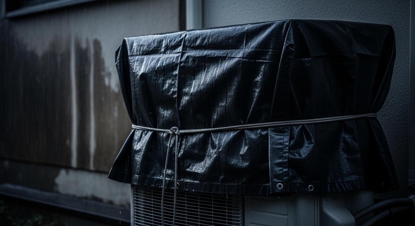 Dàn nóng điều hòa ngoài trời được che bạt kín đáo dưới mưa lớn, cho thấy tầm quan trọng của việc bảo vệ thiết bị trong mùa dông bão. Liệu có nên bật điều hòa khi dông bão?