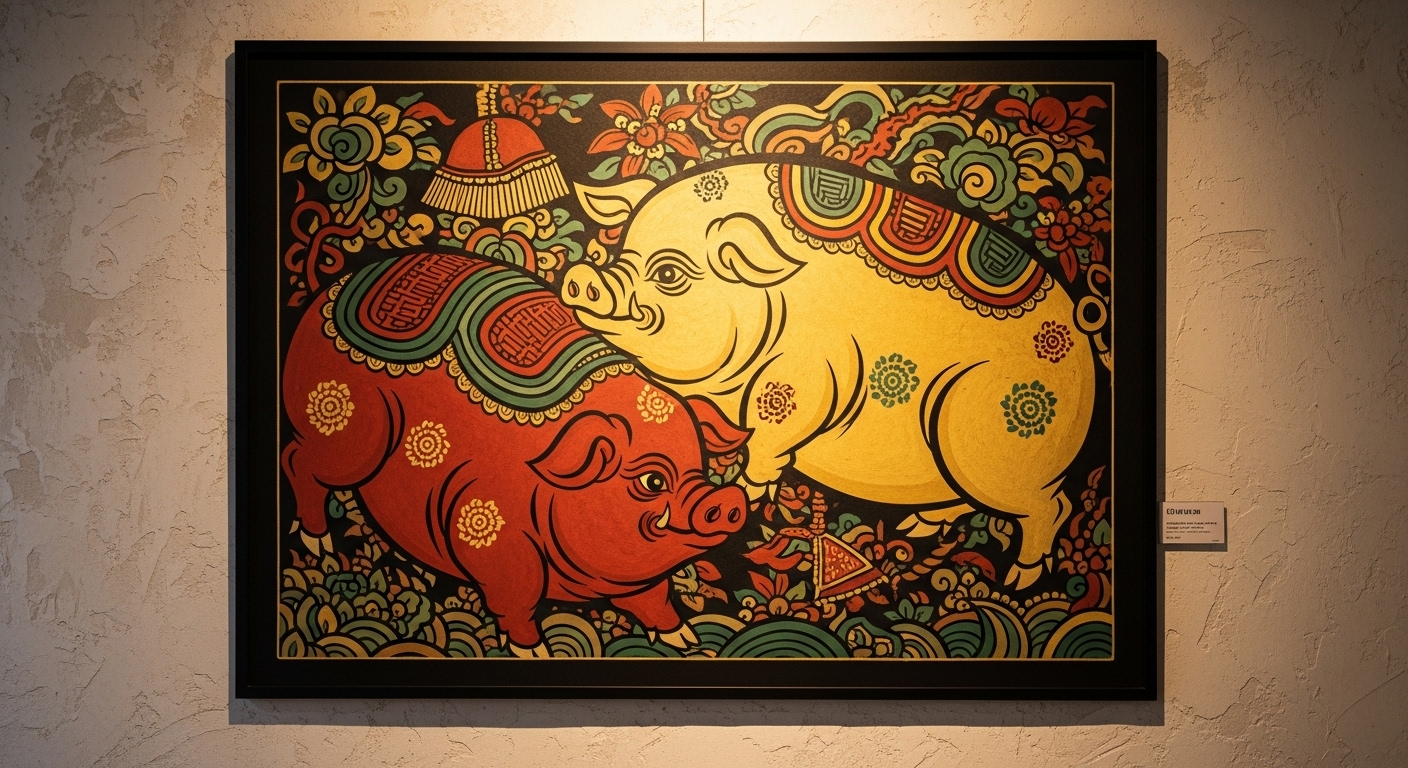 Tranh Đông Hồ truyền thống Việt Nam rực rỡ vẽ hai chú lợn tròn béo với nét đen đậm và màu đỏ, vàng, xanh lá đặc trưng, phù hợp trang trí nhà cửa đón Tết.