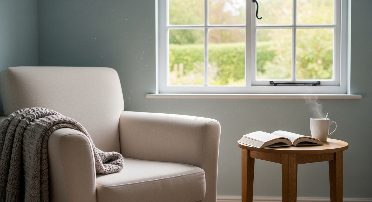 Góc đọc sách bình yên với tường màu xanh ngọc nhạt, ghế bành kem cạnh cửa sổ tràn ngập ánh sáng tự nhiên, là ví dụ hoàn hảo về trang trí nội thất không lỗi mốt.