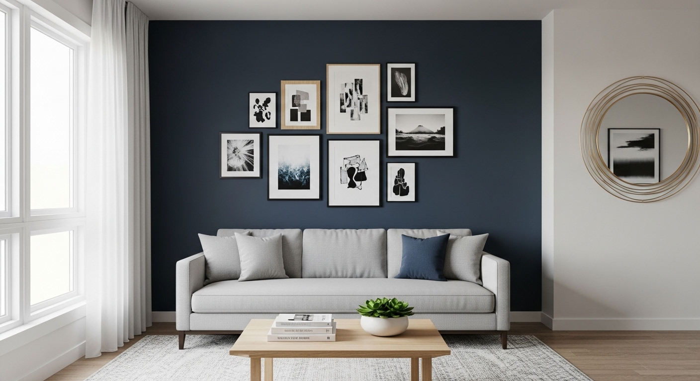 Phòng khách hiện đại với tường điểm nhấn xanh đậm, gallery tranh phía trên sofa sáng màu và gương tròn lớn. Ý tưởng trang trí nhà cửa tinh tế.