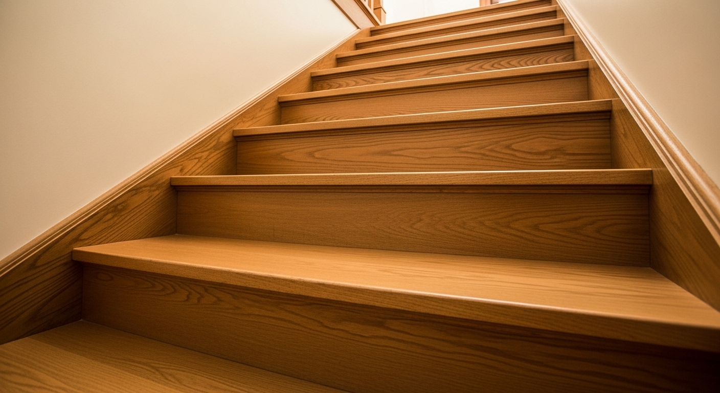 Mẫu đóng cầu thang gỗ nội thất uốn lượn, bề mặt bóng loáng, phản chiếu ánh sáng ấm áp.