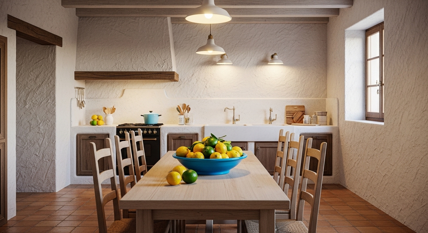 Bếp mộc mạc với tường trắng, sàn gạch terracotta, bàn ăn gỗ đơn giản và bát chanh xanh tươi làm điểm nhấn.