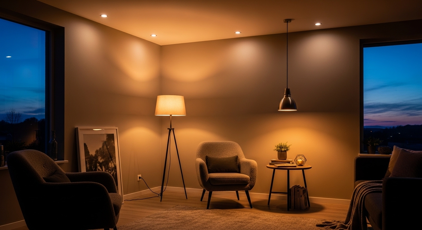 Phòng khách ấm cúng vào buổi tối, chiếu sáng bởi đèn cây hiện đại, đèn thả kim loại và đèn âm trần, tạo nên không gian trang trí nhà đẹp đầy thư giãn.