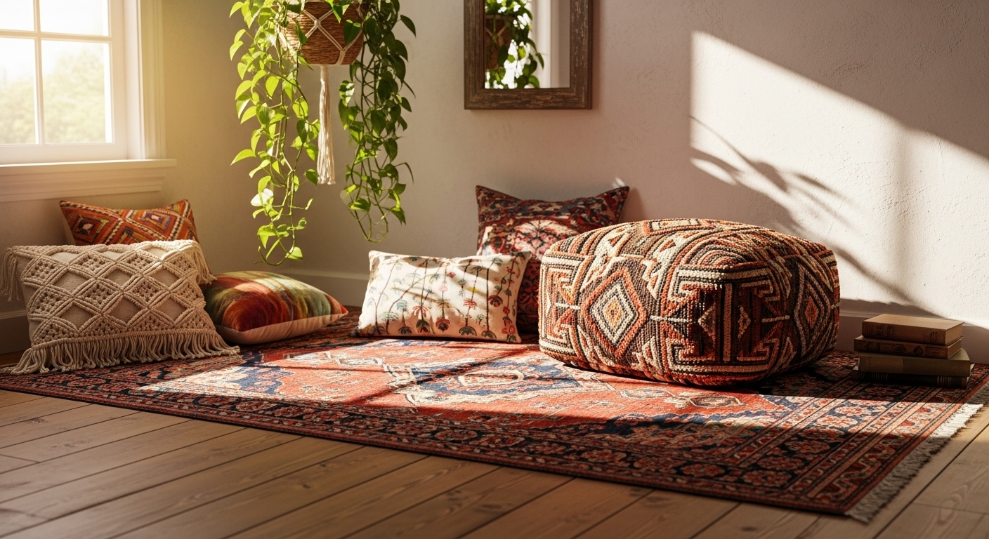 Hình ảnh decor nội thất phong cách Bohemian ấm cúng, nổi bật với thảm họa tiết, gối tựa nhiều màu và cây xanh rủ dưới ánh nắng dịu nhẹ.