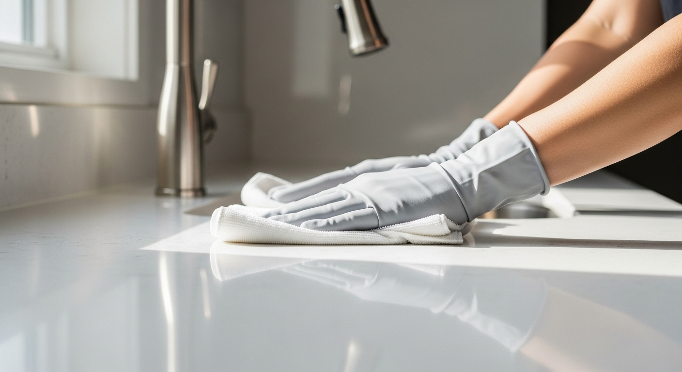 Đôi tay đeo găng nhẹ nhàng lau sạch mặt bàn bếp trắng tinh tươm với khăn mềm, giữ bếp luôn sáng bóng.