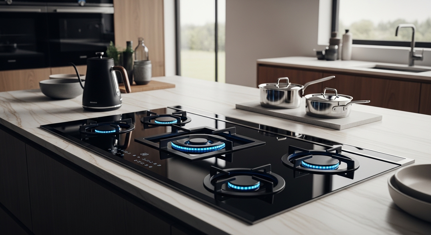 Bếp từ công suất lớn với nhiều vùng nấu, thiết kế sang trọng mặt kính đen bóng trên đảo bếp hiện đại cùng mặt bàn đá tự nhiên màu sáng và nội thất tối giản.