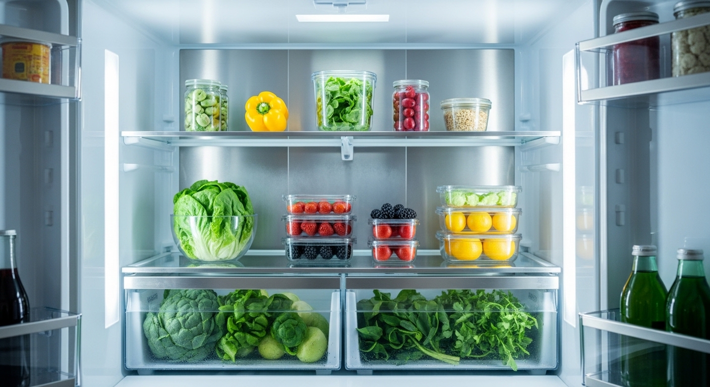 Bên trong tủ lạnh sáng bóng, cực kỳ sạch sẽ chứa đầy rau củ quả tươi ngon, sắp xếp gọn gàng trên kệ kính, minh chứng cho vệ sinh an toàn nhà bếp.