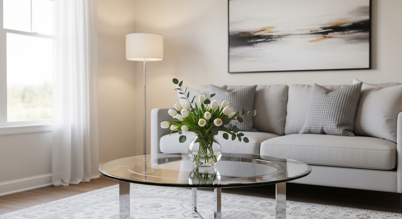 Trang trí nội thất phòng khách tối giản với bàn cà phê kính tròn, bình hoa tulip trắng và thảm họa tiết đẹp mắt. Trang trí nội thất phòng khách tối giản với bàn cà phê kính tròn, bình hoa tulip trắng và thảm họa tiết đẹp mắt.