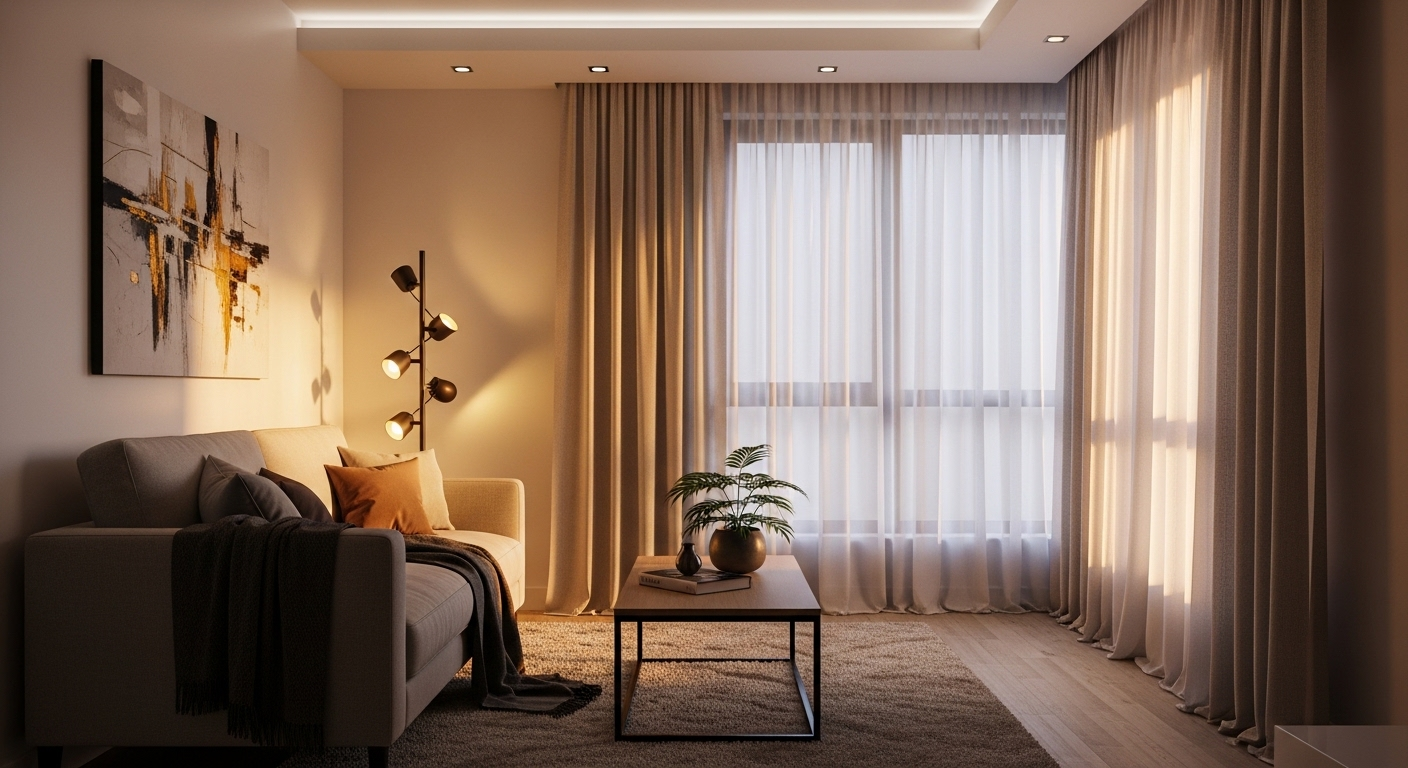 Ánh sáng chiều muộn dịu nhẹ trong trang trí phòng khách nhỏ hiện đại. Đèn sàn và đèn âm trần tạo hiệu ứng chiếu sáng đa lớp, rèm cửa mỏng che cửa sổ.