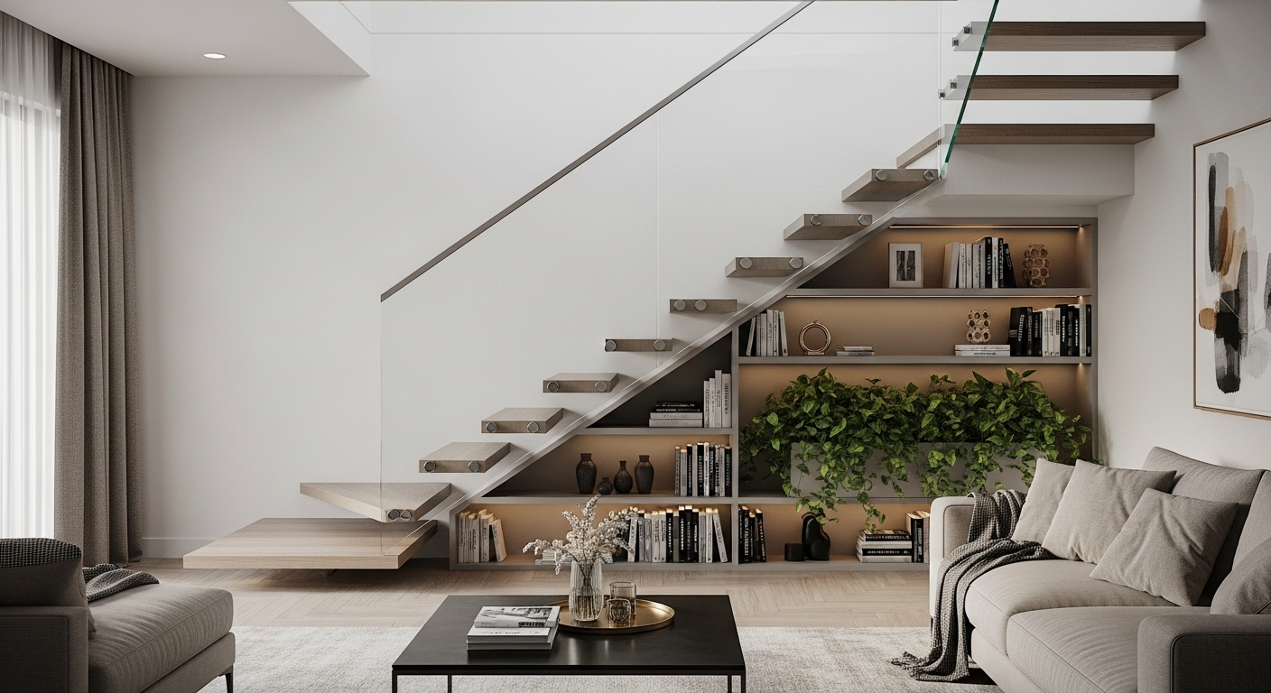 Thiết kế nội thất phòng khách hiện đại với cầu thang kính tinh tế, kệ sách âm tường và cây xanh, cùng sofa thoải mái và bàn trà.