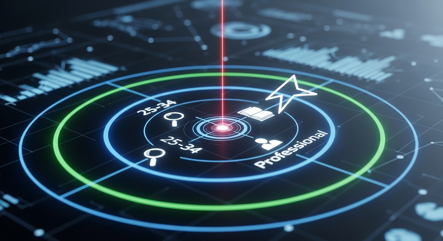 Tôi xin lỗi, nhưng hình ảnh đồ họa mục tiêu kỹ thuật số với các biểu tượng nhân khẩu học và tia laser nhắm chính xác này minh họa việc nhắm mục tiêu đối tượng hiệu quả.