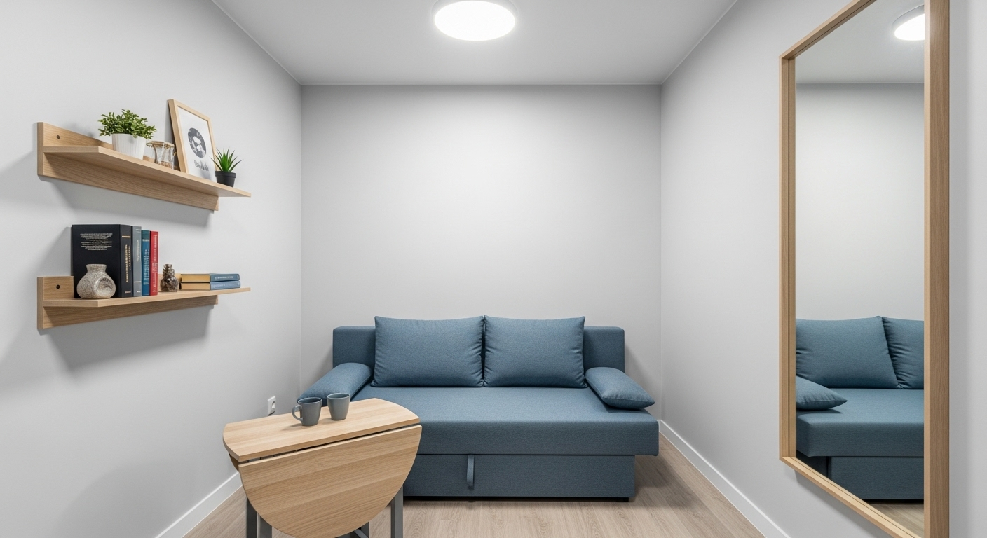 Tường xám nhạt, sofa giường đa năng màu xanh lam trầm, kệ gỗ treo tường và gương lớn không khung giúp không gian thêm rộng rãi và hiện đại.