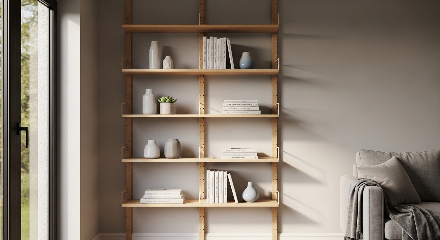 Kệ sách hiện đại, gỗ tông sáng, sát trần trong một góc phòng khách nhỏ được sắp xếp gọn gàng, tối ưu không gian theo chiều dọc. Đây là một trong những mẹo vặt giúp phòng khách nhỏ trông rộng hơn hiệu quả.