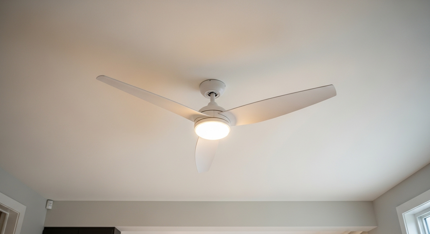 Trần phòng khách hiện đại với quạt trần trắng tích hợp đèn LED thiết kế tối giản, là cách làm mới phòng khách tinh tế và hiệu quả.