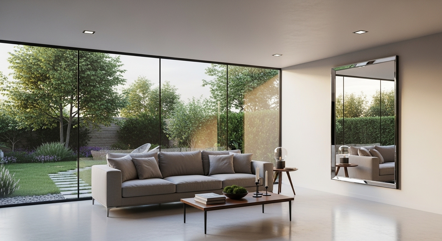 Phòng khách sang trọng với tường kính lớn nhìn ra vườn, và gương đối diện được đặt chiến lược giúp phản chiếu cảnh quan, tối ưu và ăn gian diện tích phòng khách trở nên rộng rãi, sáng sủa hơn.