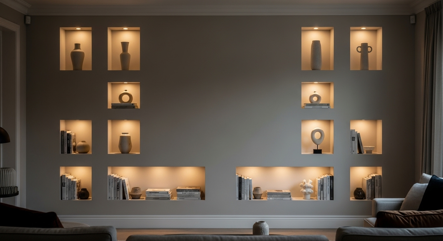 Trang trí tường phòng khách hiện đại với các hốc âm tường đối xứng đa kích thước, có đèn LED ấm tích hợp, trưng bày sách và vật dụng trang trí.
