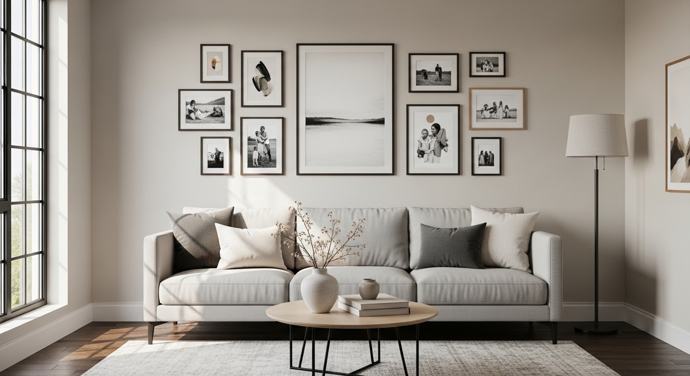 Phòng khách hiện đại với tường gallery đối xứng tranh đen trắng trên sofa, ý tưởng trang trí nhà cửa tinh tế và thu hút.