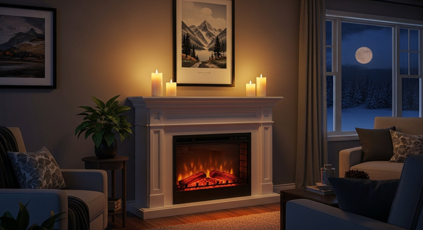 Lò sưởi điện trang trí với nến, tranh phong cảnh và cây xanh, tạo nên không gian trang trí phòng khách ấm cúng.
