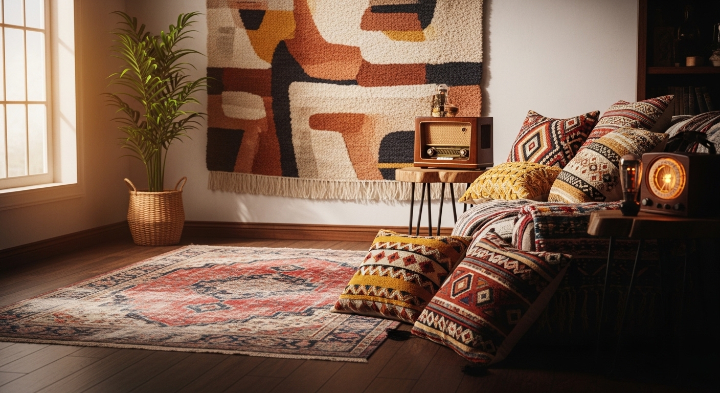 Phòng khách bohemian ấm cúng và sống động với thảm dệt, gối tựa họa tiết, radio gỗ cổ điển – những đồ decor phòng khách độc đáo.