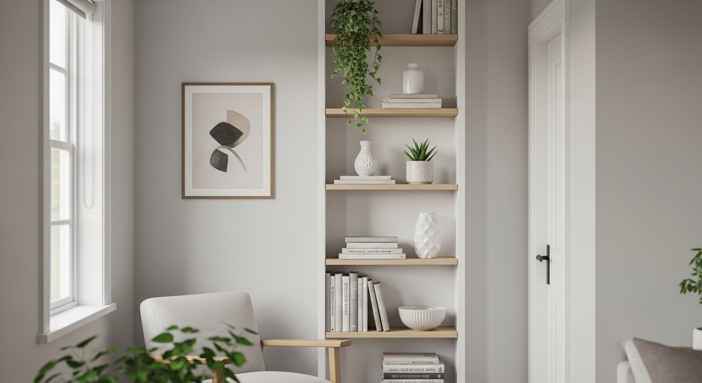Trang trí phòng khách đơn giản với kệ sách trắng cao thanh mảnh trong phòng khách nhỏ gọn, điểm xuyết cây xanh, sách và đồ gốm tối giản. Thiết kế này tối ưu hóa không gian theo chiều dọc.