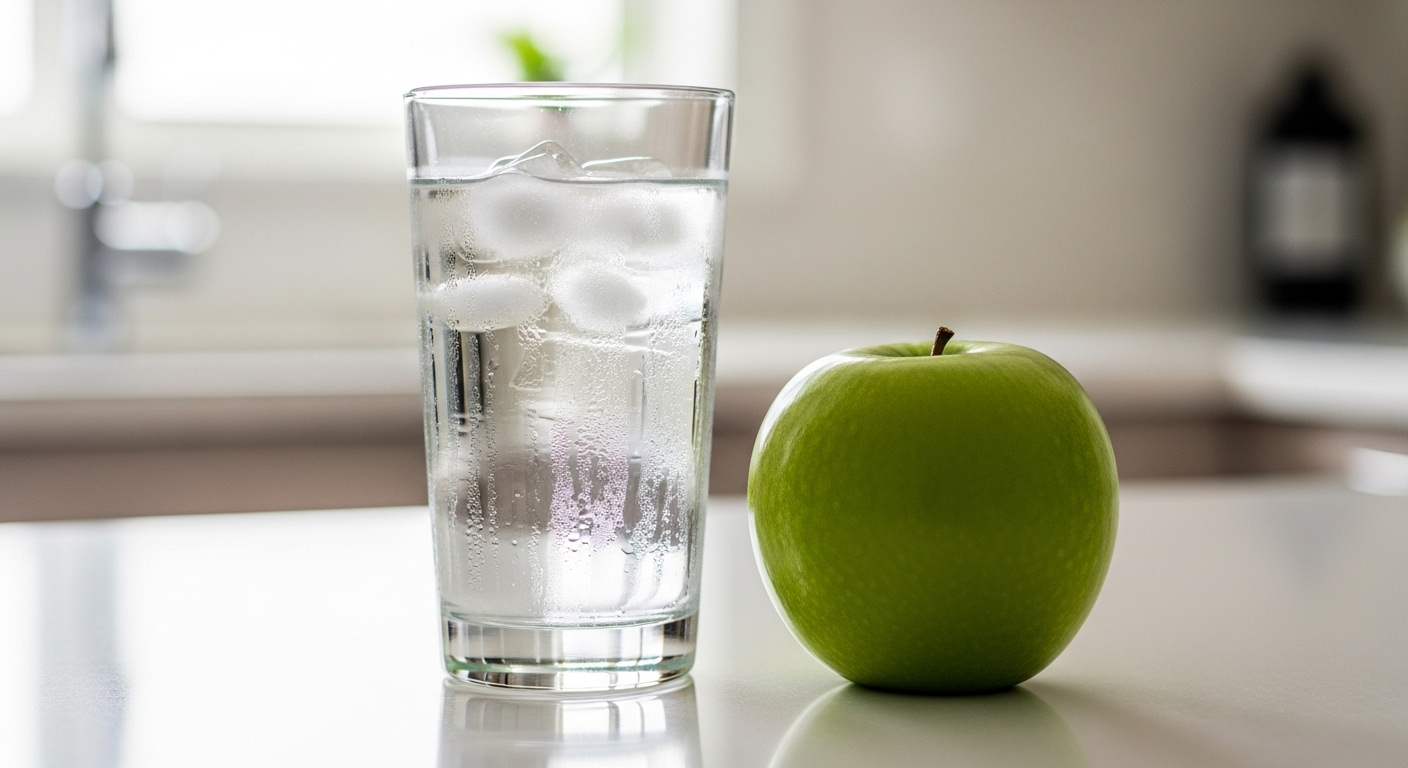 Ly nước đá mát lạnh và táo xanh tươi trên bàn bếp, gợi ý cách giảm cân hiệu quả và sống khỏe.