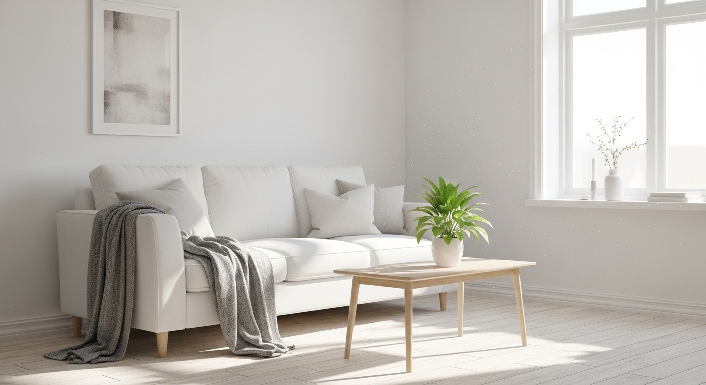 Mẫu trang trí phòng khách Bắc Âu sáng sủa, thoáng đãng với sofa trắng đơn giản, bàn cà phê gỗ sáng màu và cây xanh.