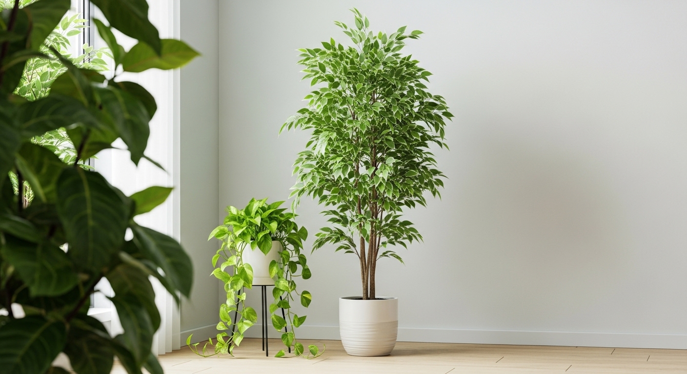 Góc phòng khách hiện đại ngập tràn ánh sáng tự nhiên, trang trí cây xanh tươi mát như bàng Singapore và trầu bà. Ý tưởng trang trí phòng khách mang lại không gian bình yên, gần gũi thiên nhiên.