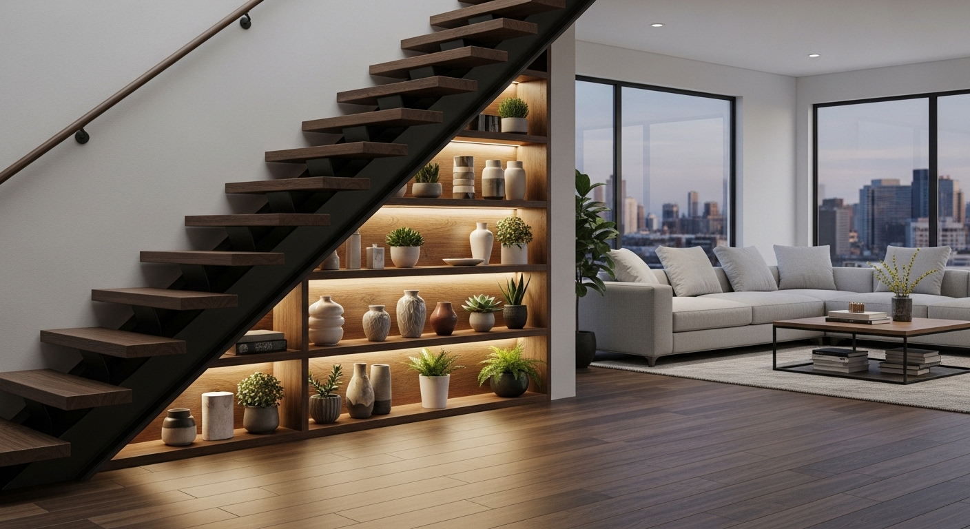 Kệ gỗ âm tường dưới cầu thang bậc hở, trưng bày đồ gốm, cây xanh và hệ thống chiếu sáng tích hợp.
