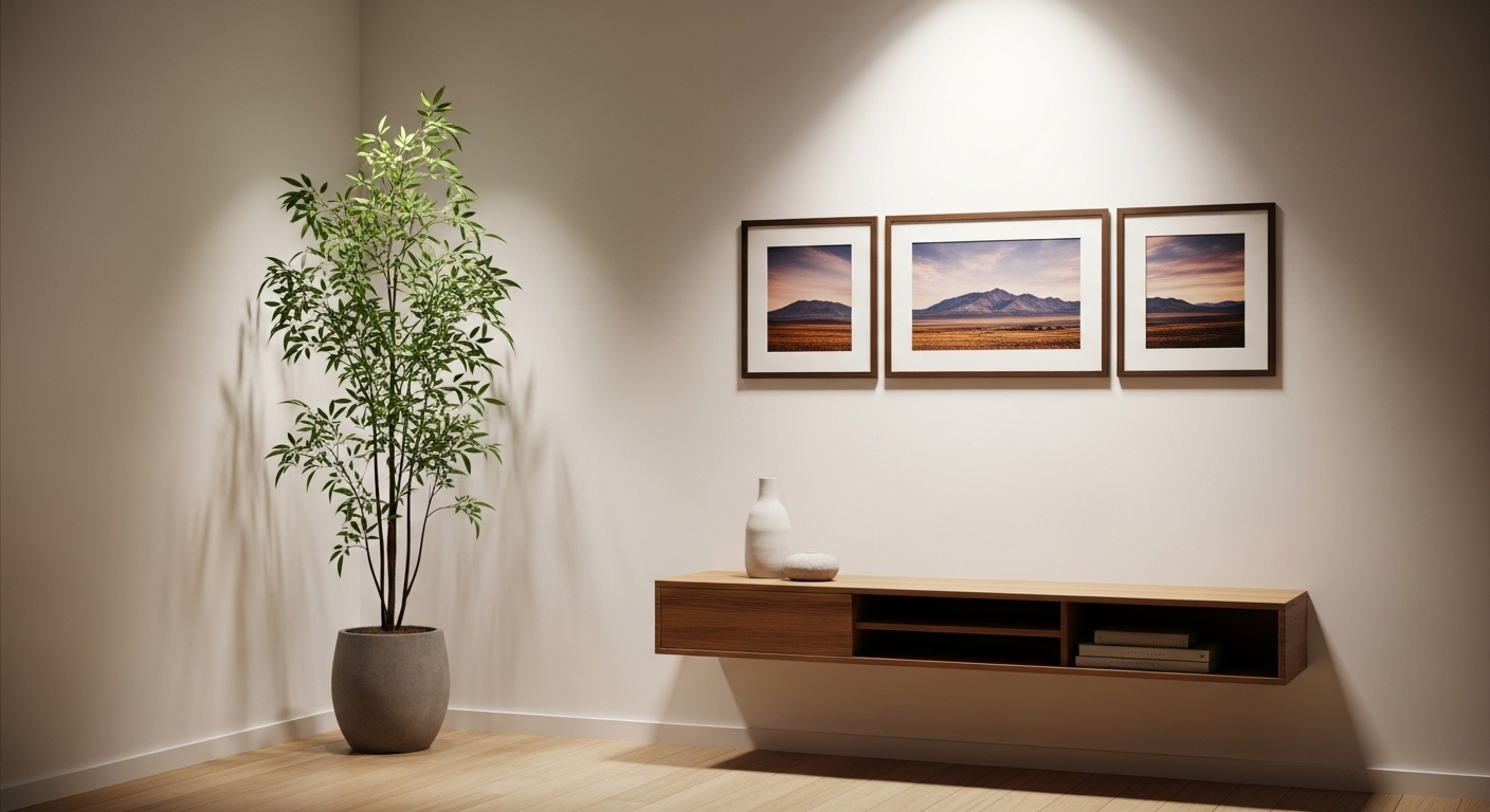 Trang trí phòng khách nhà vuông hiện đại với góc tường trắng có chậu cây xanh cao mảnh, kệ gỗ treo và bộ ba tranh phong cảnh núi tạo chiều sâu, chiếu sáng bởi đèn trần.