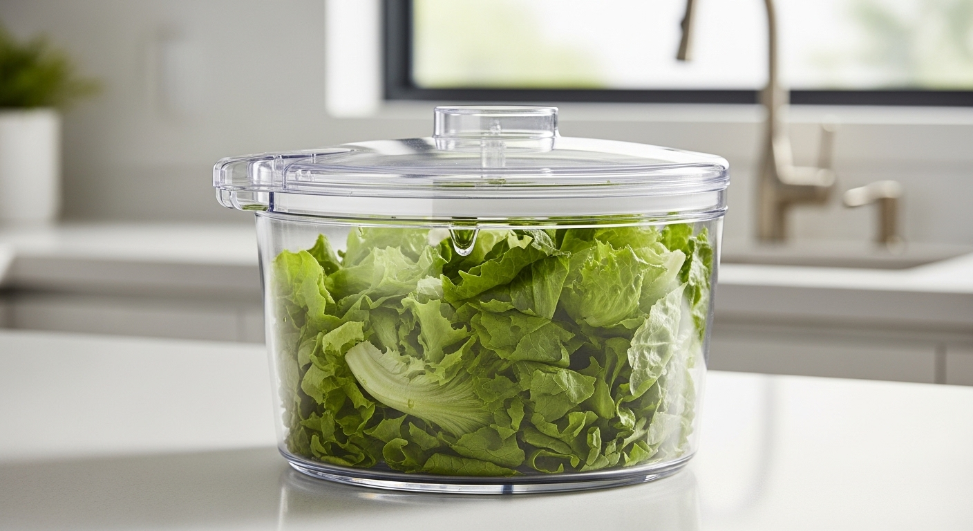 Máy quay salad trong suốt hé mở nắp, để lộ rau xà lách xanh giòn, khô ráo. Đây chính là bí quyết làm salad ngon.