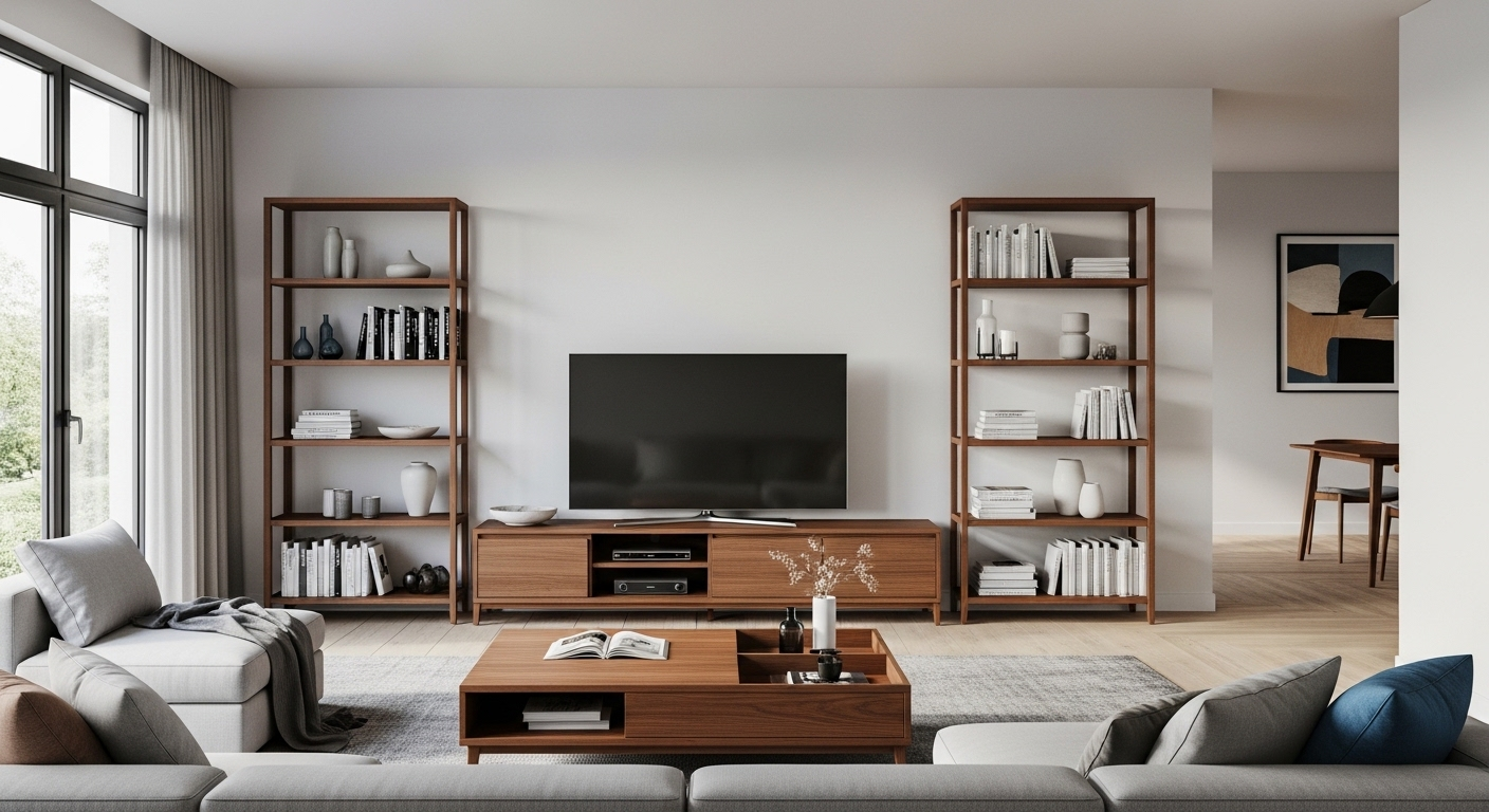 Phòng khách hiện đại với các khu vực chức năng rõ ràng, bàn trà gỗ có ngăn chứa, kệ TV tối giản và kệ sách. Đây là một ý tưởng tuyệt vời về cách trang trí phòng khách tiện nghi và gọn gàng.