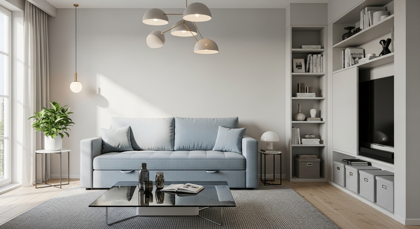 Thiết kế phòng khách hiện đại với sofa đa năng màu xanh nhạt có ngăn lưu trữ và bàn trà kính, giải pháp trang trí phòng khách nhà ống tối ưu không gian.