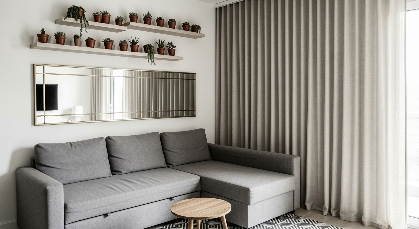 trang trí phòng khách nhỏ hiện đại, tối ưu không gian với sofa chữ L sáng màu, gương trang trí lớn, kệ nổi cây mọng nước và rèm cửa cao sát trần.