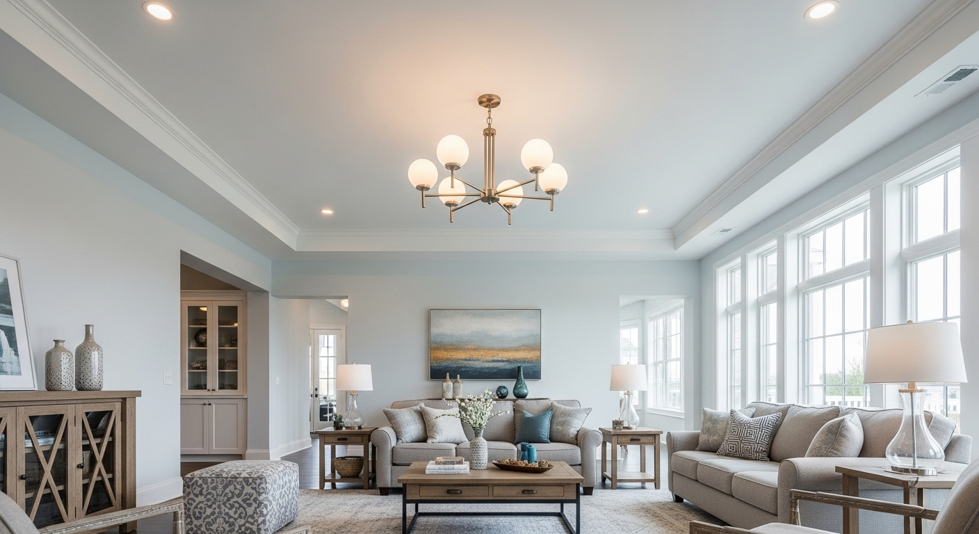 Phòng khách hiện đại với trần cao, màu sắc nhẹ nhàng, kết hợp đèn chùm và đèn âm trần tạo ánh sáng ấm áp, hài hòa cho phong thủy phòng khách.