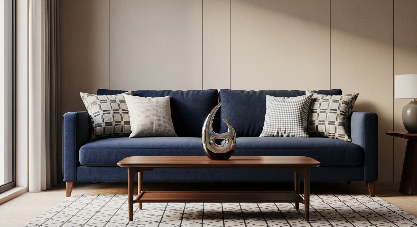 sofa vải xanh đậm thoải mái, bàn trà gỗ thấp trên thảm hình học và tượng thủy tinh thanh lịch làm điểm nhấn.