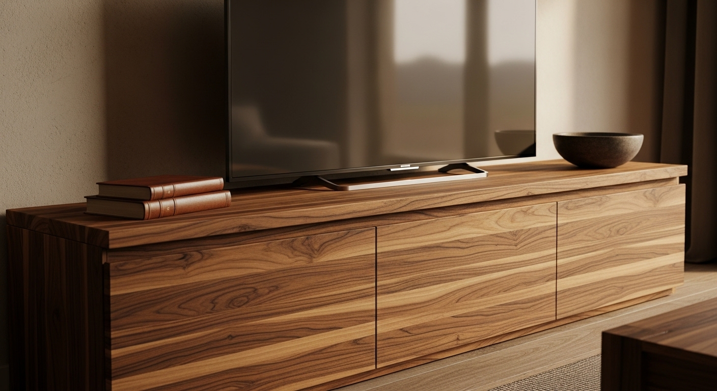 kệ gỗ tự nhiên sẫm màu với vân đẹp, sắp xếp gọn gàng tivi, sách và bát gốm dưới ánh sáng ấm.