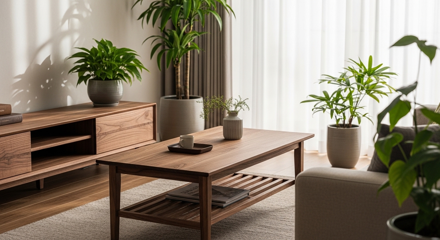 Không gian phòng khách ấm cúng được trang trí phòng khách với nội thất gỗ óc chó tự nhiên, sofa kem và cây xanh tươi mát đón ánh nắng. Không gian phòng khách ấm cúng được trang trí phòng khách với nội thất gỗ óc chó tự nhiên, sofa kem và cây xanh tươi mát đón ánh nắng.