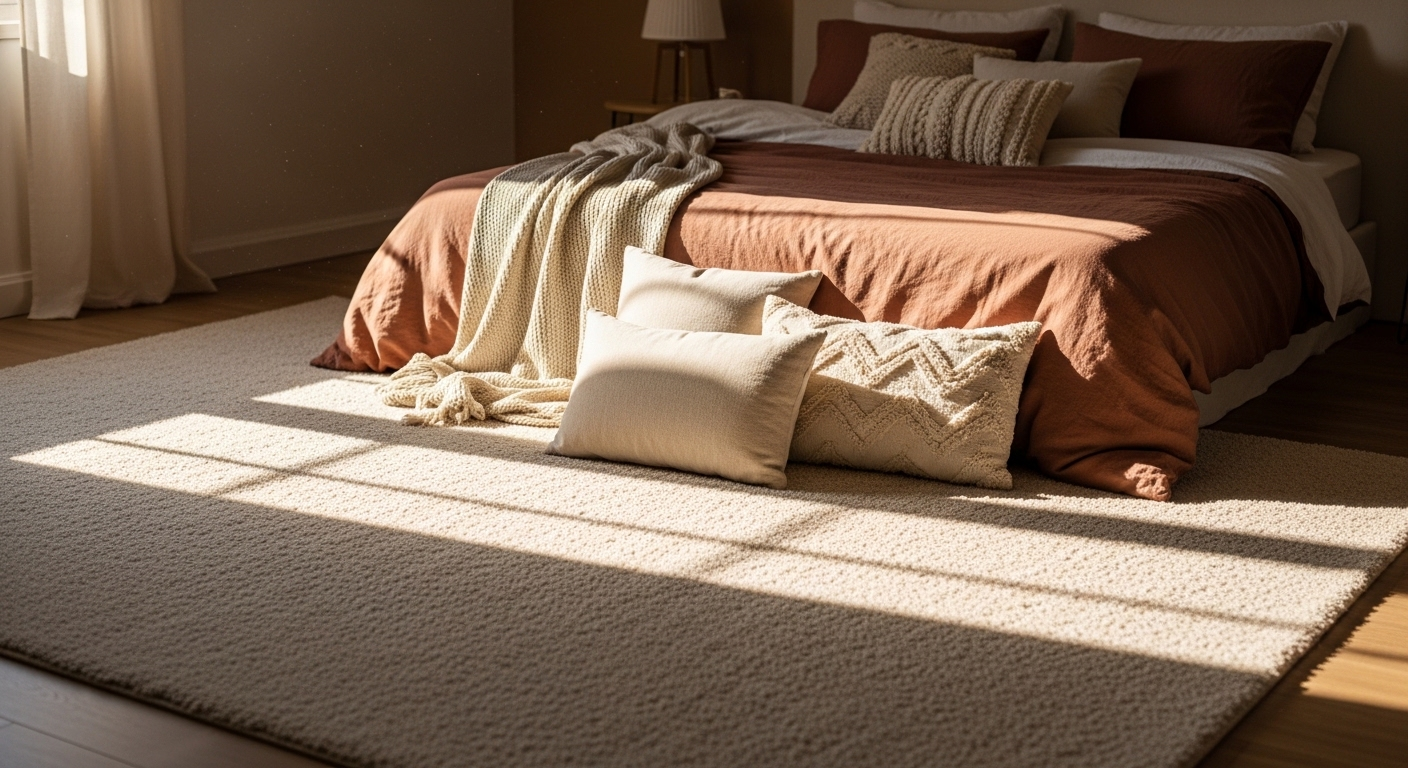 Phòng ngủ ấm cúng với thảm trải sàn lớn màu kem mềm mại, giường được trang trí ga linen màu đất nung và nhiều gối tựa. Tạo nên không gian trang trí phòng ngủ hiện đại, thư giãn.