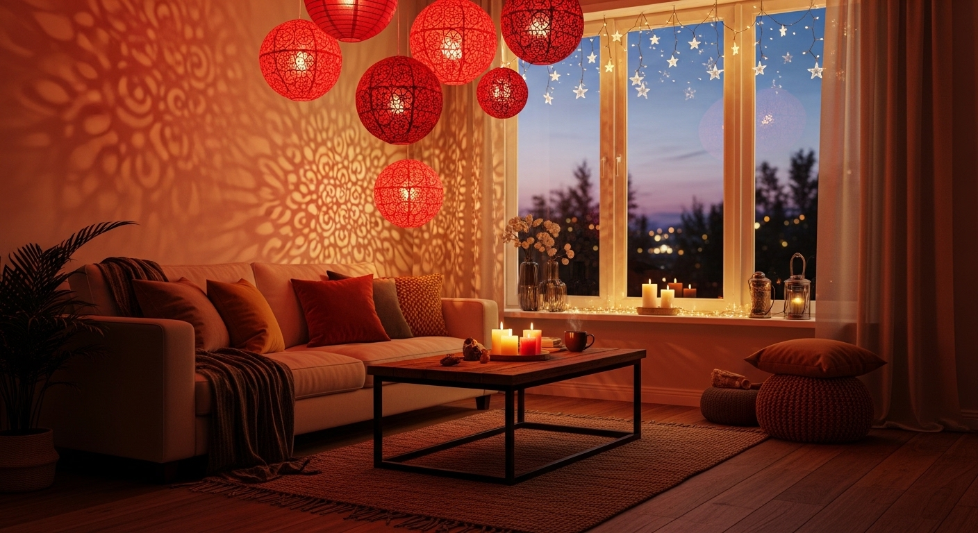 Trang trí phòng khách ngày Tết ấm cúng với đèn lồng đỏ treo trần và dây đèn lung linh trên cửa sổ, tạo không khí lễ hội.