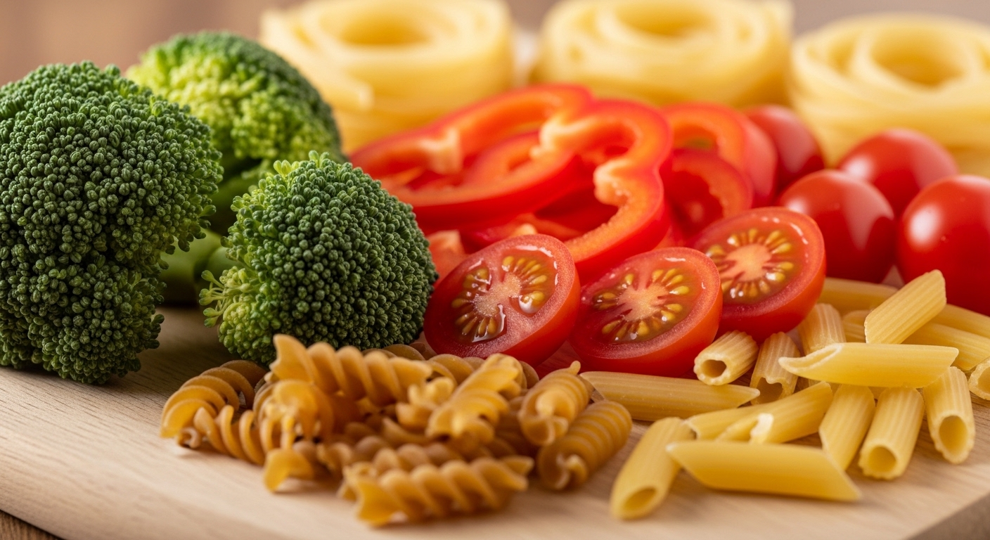 bông cải xanh, ớt chuông đỏ cắt lát, cà chua bi và mì ống nguyên hạt. Hoàn hảo cho một chế độ ăn lành mạnh và tiết kiệm.