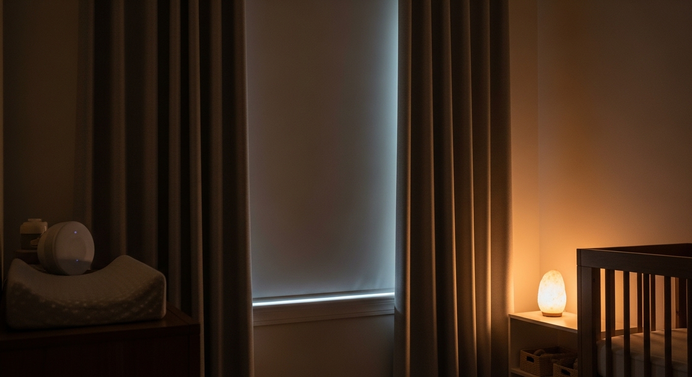 Phòng ngủ trẻ sơ sinh yên bình với rèm cản sáng kéo kín, ánh sáng đèn ngủ dịu và máy tạo tiếng ồn trắng, là cách hiệu quả để trang trí phòng cho trẻ sơ sinh tạo không gian êm dịu. Phòng ngủ trẻ sơ sinh yên bình với rèm cản sáng kéo kín, ánh sáng đèn ngủ dịu và máy tạo tiếng ồn trắng, là cách hiệu quả để trang trí phòng cho trẻ sơ sinh tạo không gian êm dịu.