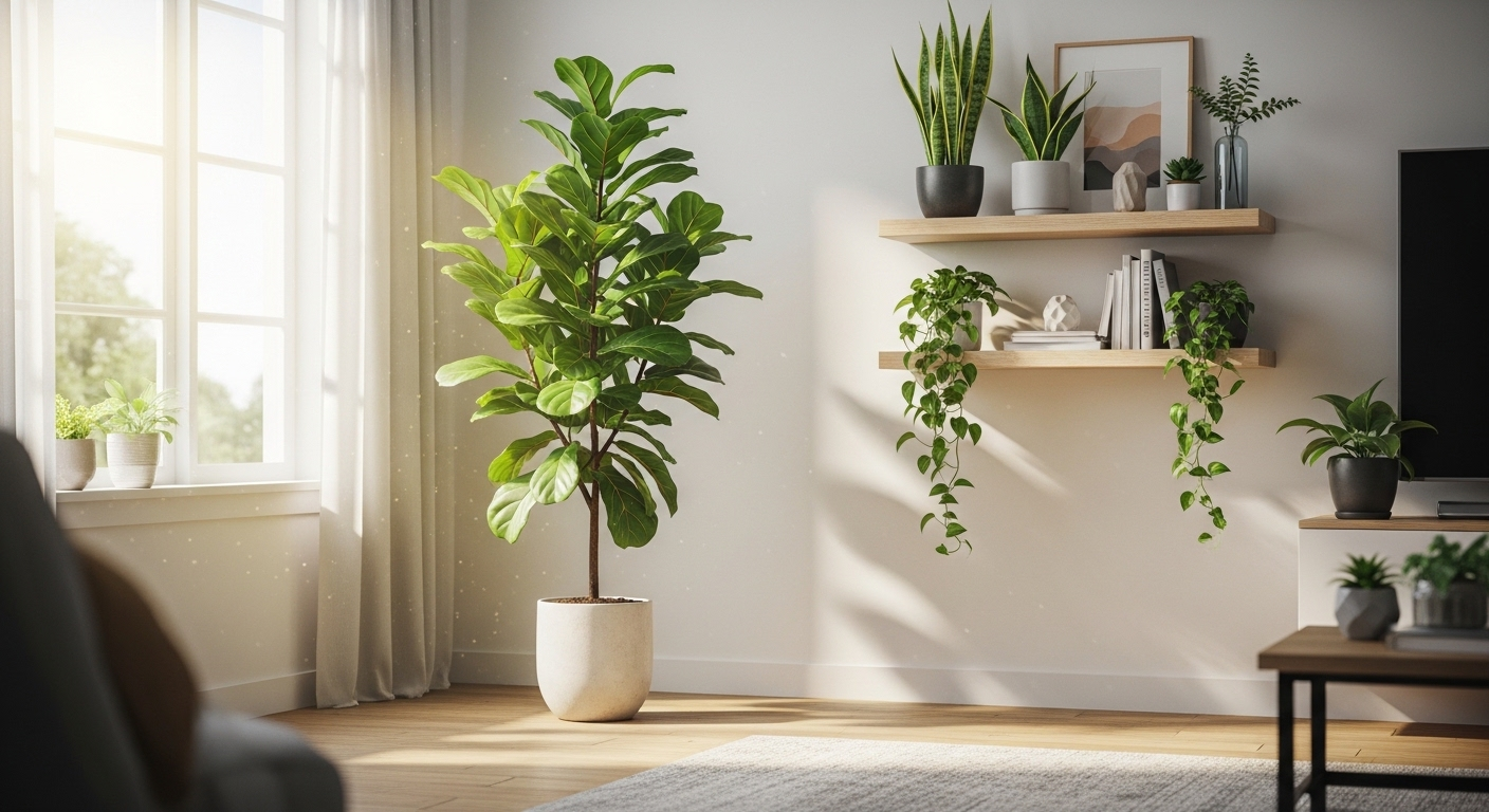 Cây bàng Singapore cao, cây lưỡi hổ và trầu bà trên kệ gỗ trong phòng khách sáng sủa, là cách trang trí phòng khách hiện đại với cây xanh tự nhiên.