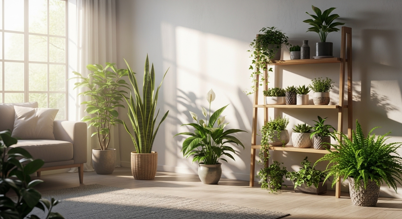 Phòng khách ngập tràn cây xanh tươi mát (lưỡi hổ, lan ý) đón ánh sáng tự nhiên, là gợi ý trang trí phòng khách đẹp và trong lành.