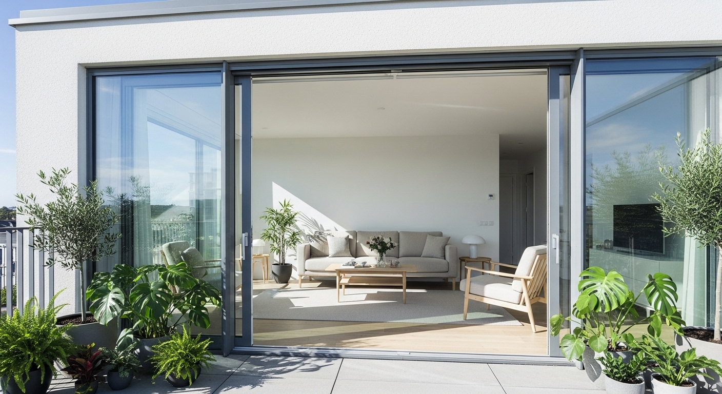 Phòng khách hiện đại tràn ngập ánh sáng tự nhiên, liên thông ban công cây xanh tươi mát. Một gợi ý tuyệt vời về cách trang trí phòng khách tối ưu không gian và ánh sáng.