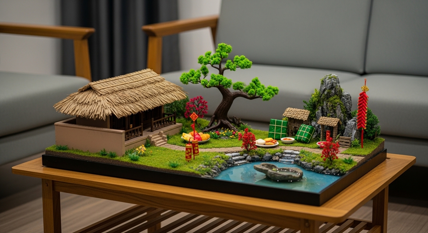 Tiểu cảnh Tết chi tiết trên bàn gỗ, với nhà mái lá, cây đa, hồ nước và pháo đỏ mini, tạo điểm nhấn ấm cúng cho việc trang trí phòng khách ngày Tết.
