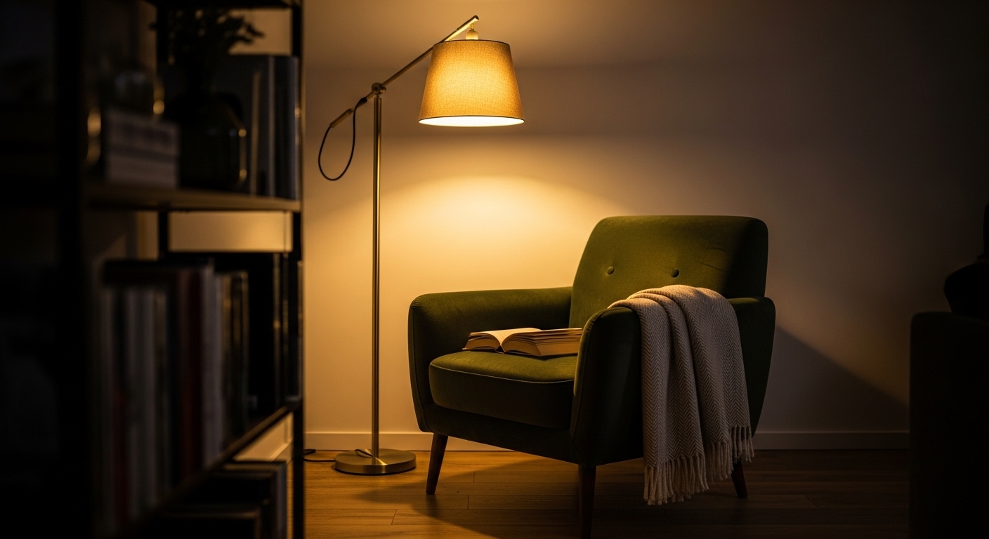 Góc đọc sách ấm áp và mời gọi trong phòng khách. Đèn sàn ánh vàng dịu chiếu sáng ghế bành êm ái và chăn, tạo nên không gian nội thất chữa lành đầy thư thái.