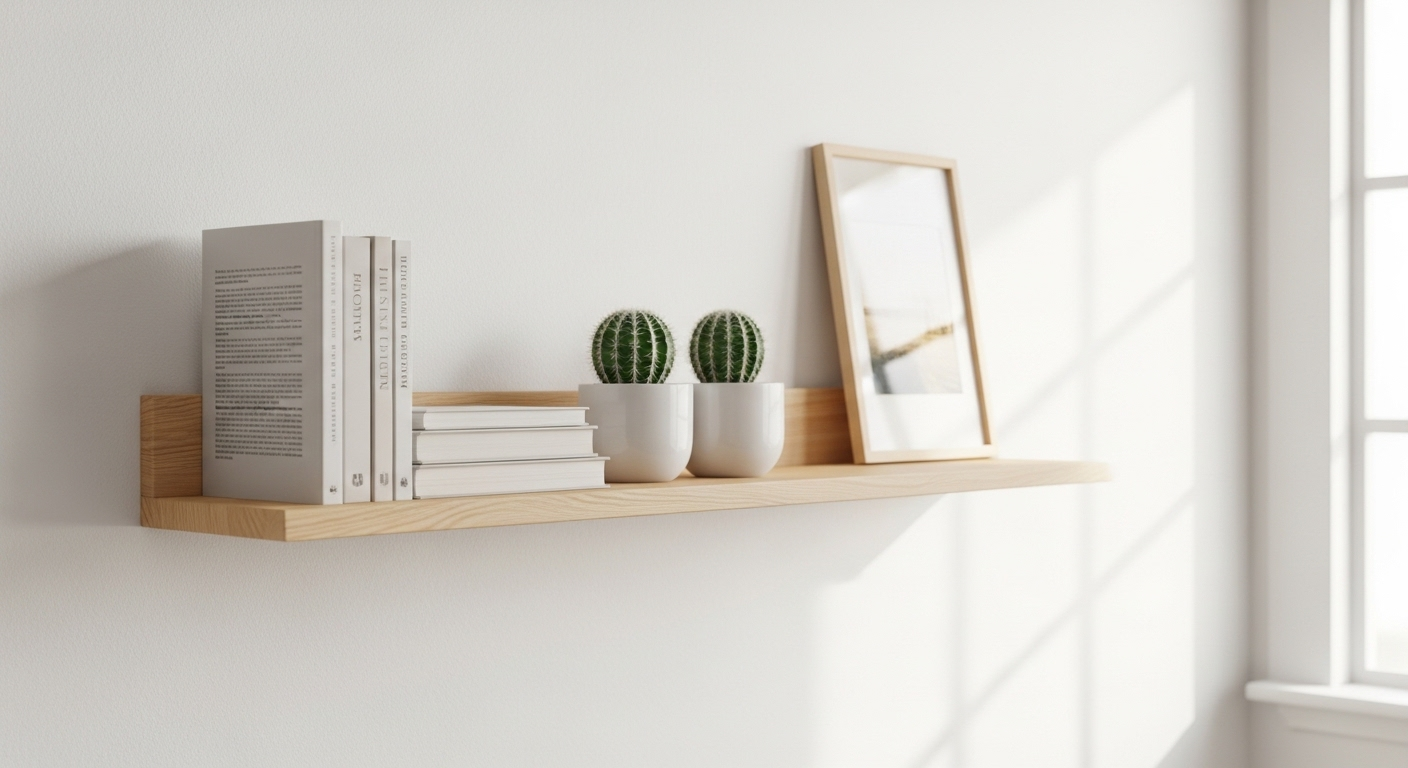 Kệ gỗ treo tường trong phòng khách tối giản, trang trí tinh tế với sách, cây xanh và ảnh, minh họa cách trang trí phòng khách đẹp.